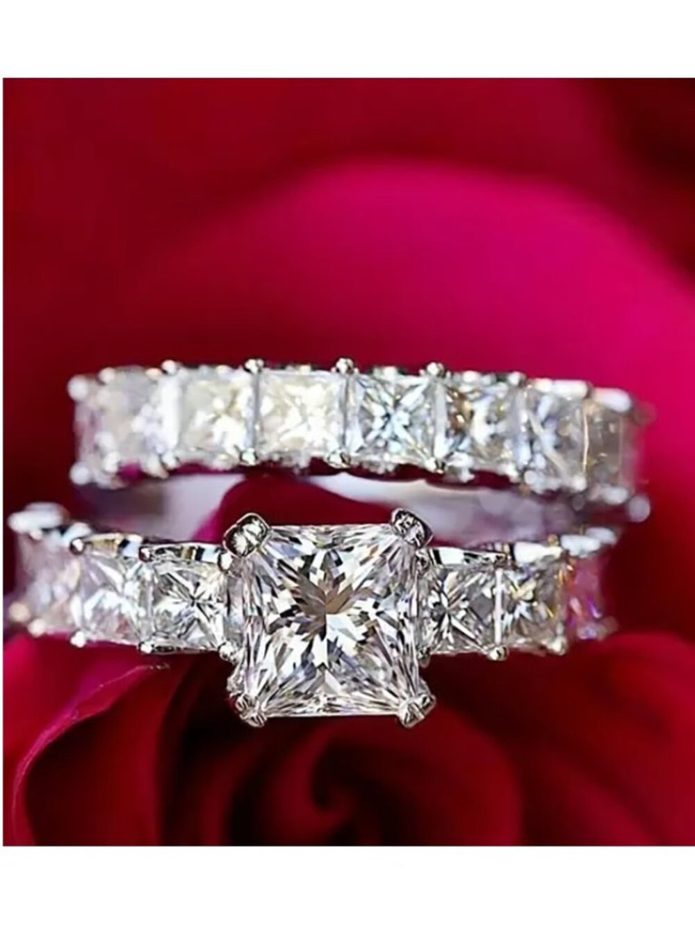 NEW SILVER LUXURY ASSCHER CUT CZ WEDDING 2 PCS COUPLE RING FOR WOMEN, WAAL1352